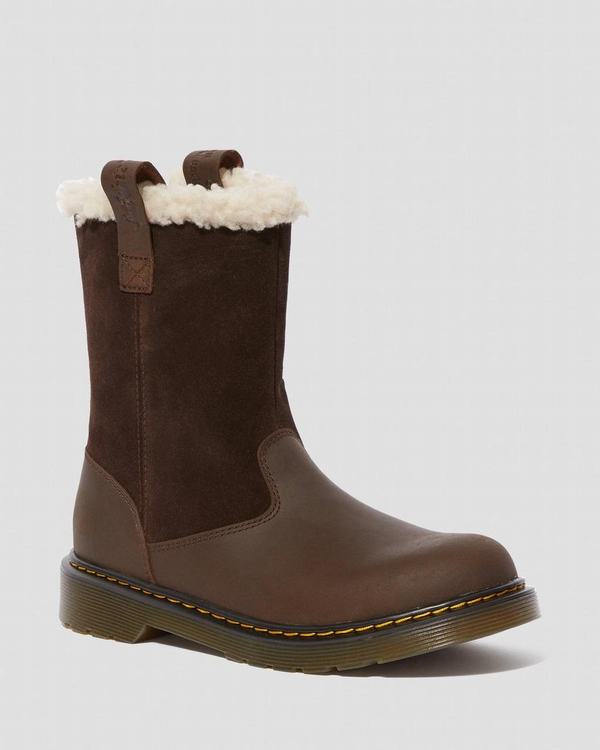 Dr Martens Dětské Kotníkové Boty Youth Fur-lined Juney Tmavě Hnědé, CZ-162580